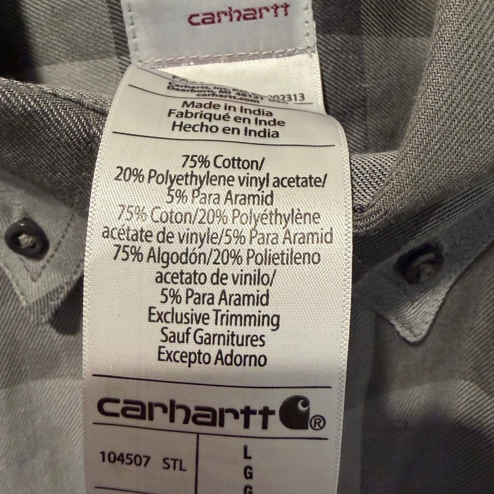 Carhartt FR Flame Resistant Plaid Work Shirt Mens Large Grey 104507 CAT 2 - Picture 5 of 9
